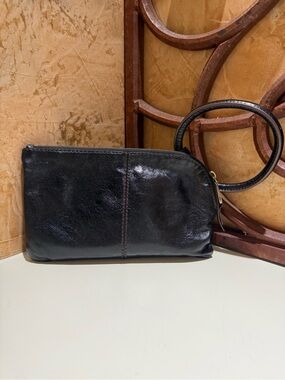 HOBO Black Leather Wristlet Clutch with Ring Strap
